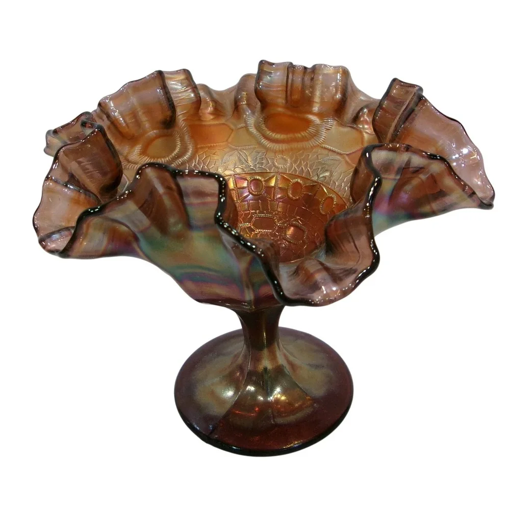 Antique Fenton Amethyst Carnival Glass Captive Rose Ruffled Compote Dish